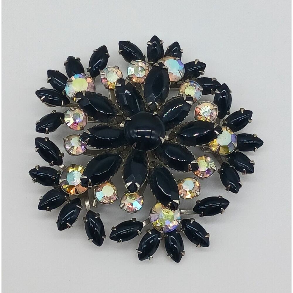 Amazing Bold Black Navette Prong Set Round Aurora Borealis Rhinestone Brooch Vtg - Picture 7 of 11